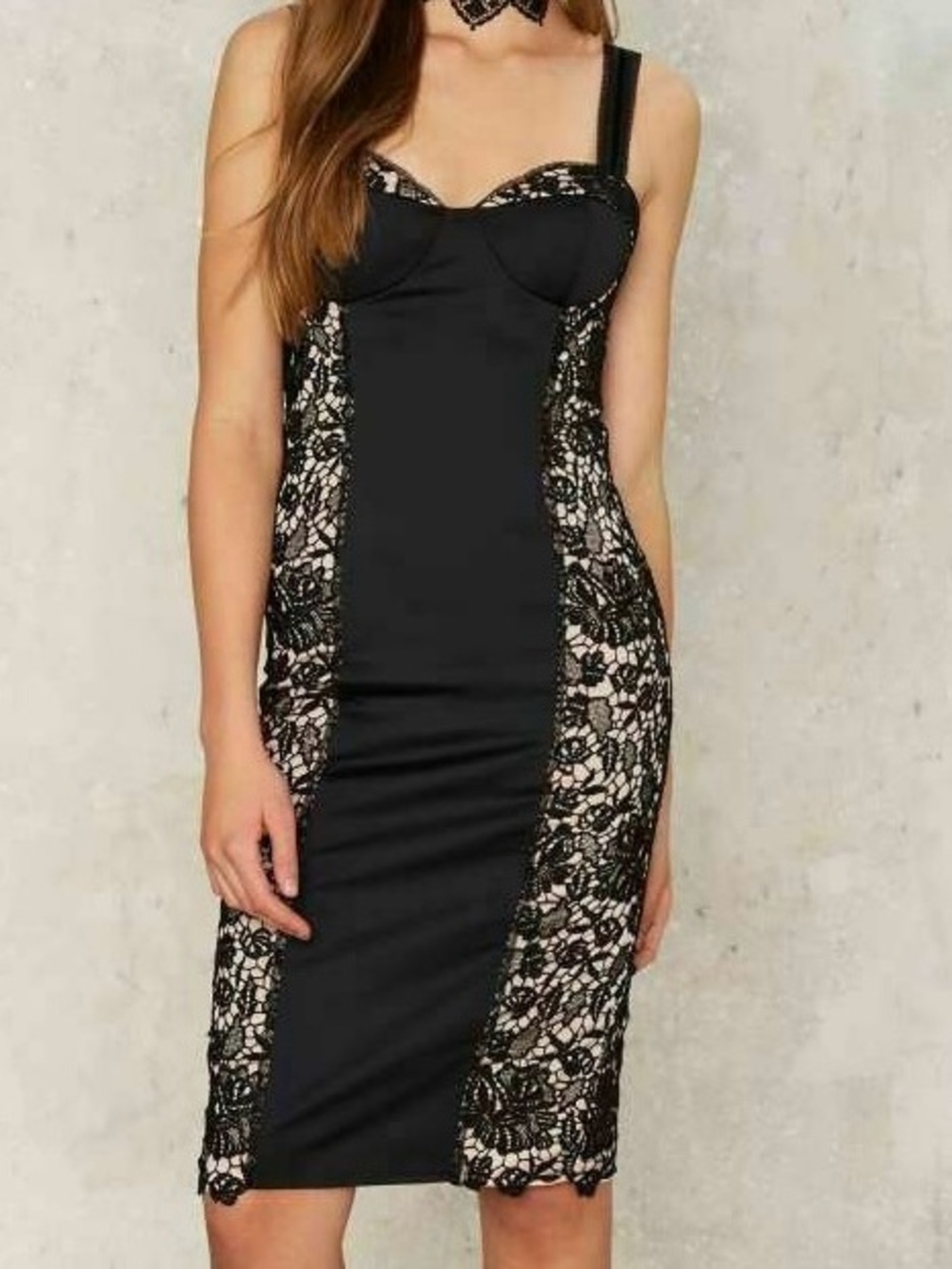 Nasty Gal Black Lace Overlay Midi Dress with Nude Lining